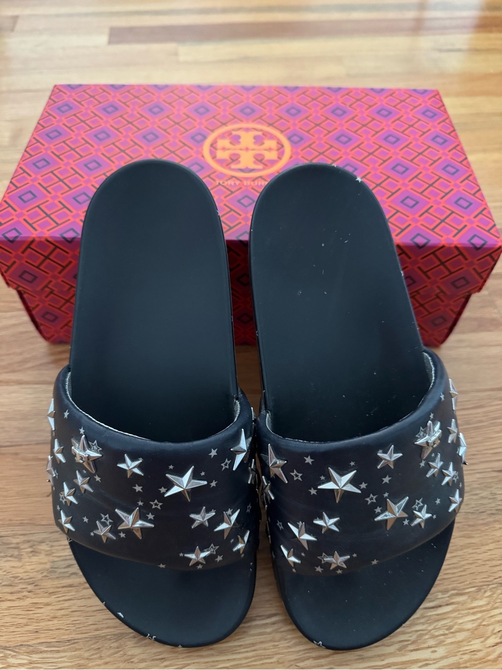 Tory Burch Black Slide Sandals with Silver Star Studs